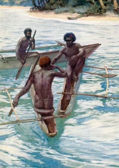 Pacific Islanders in their canoes by J. Williamson
